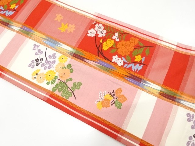 JAPANESE FUKURO OBI / TSUMUGI / WOVEN AUTUMN FLOWERS